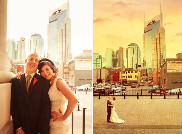 downtown nashville, bride, groom, skyline, cityscape
